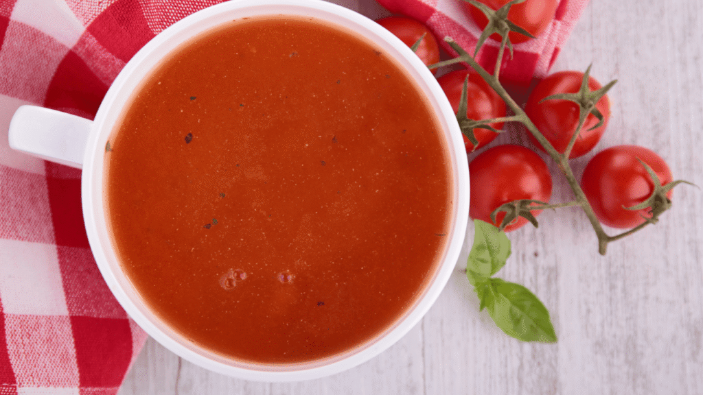 Hot Tomato sup mix with Basil leaves