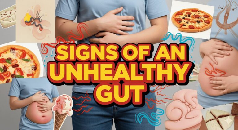 Unhealthy gut signs with food images.