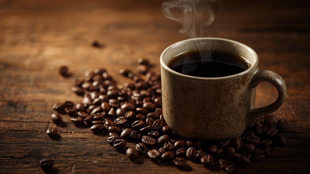 a cup of coffee with beans