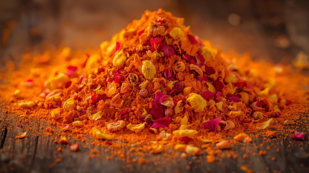 Colorful flower powder on wooden surface