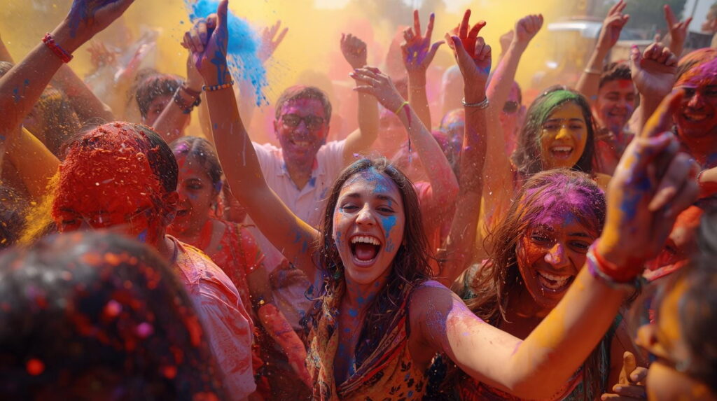 Colorful celebration with joyful participants.