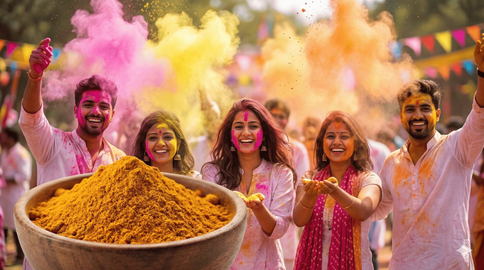 Celebration with colorful powders and joy.