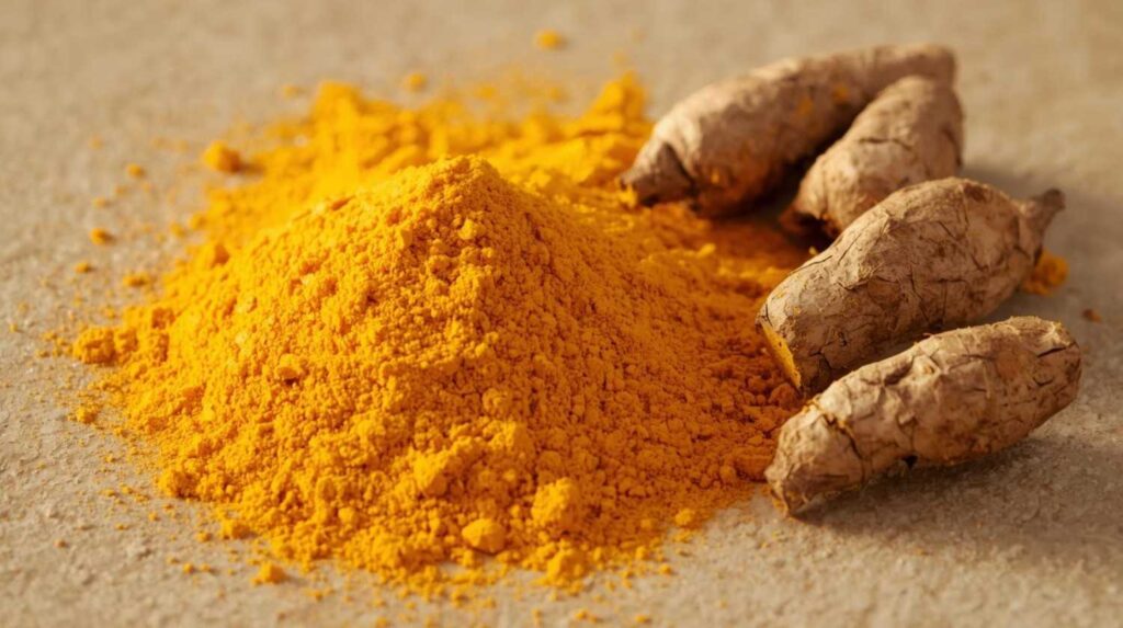 Yellow turmeric powder colour and roots.