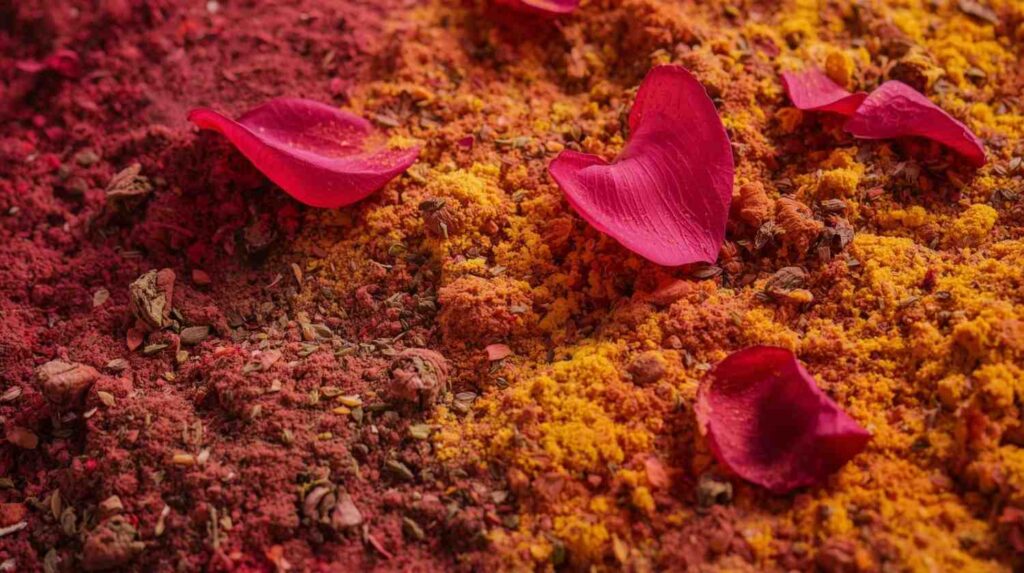 colours with rose petals scattered.