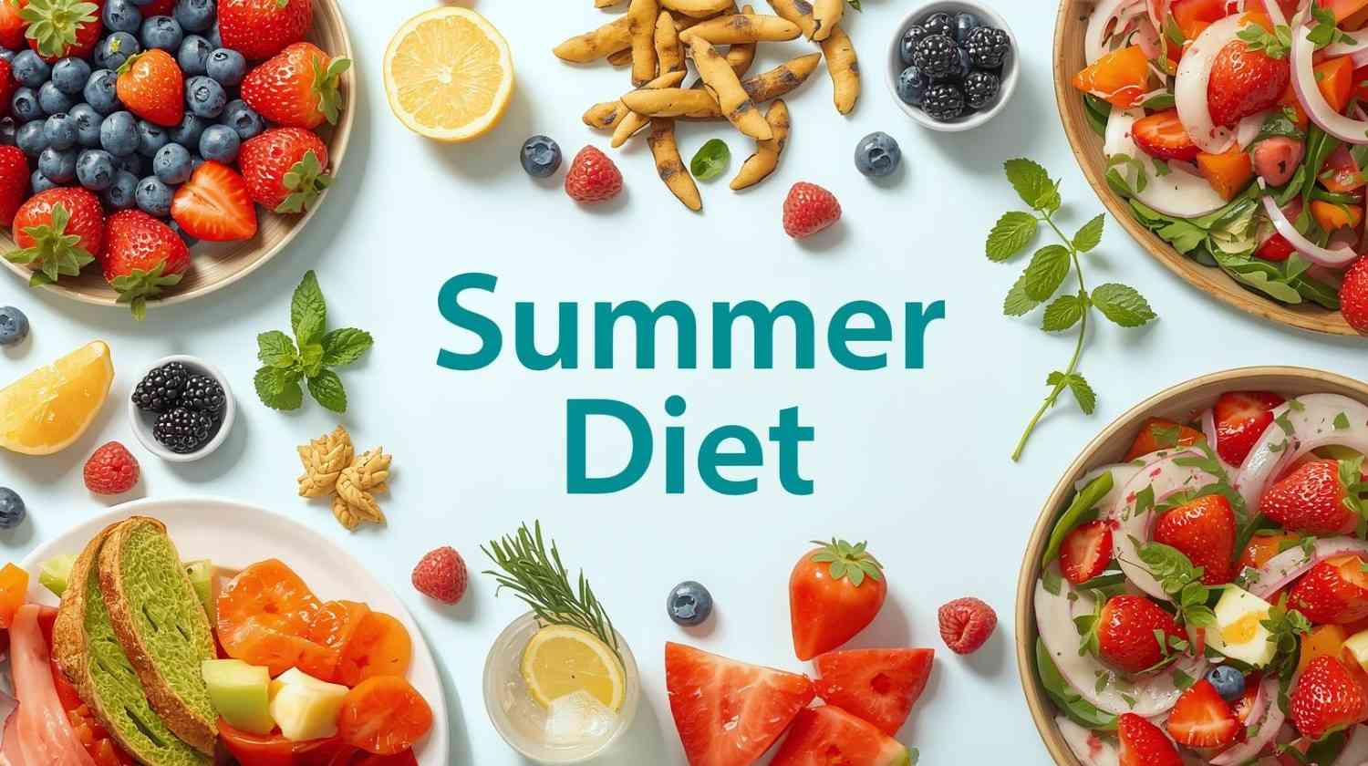 Colorful summer fruits and salads