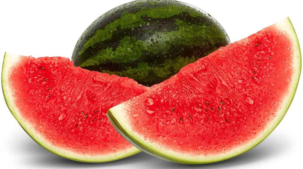 Whole watermelon with sliced pieces.