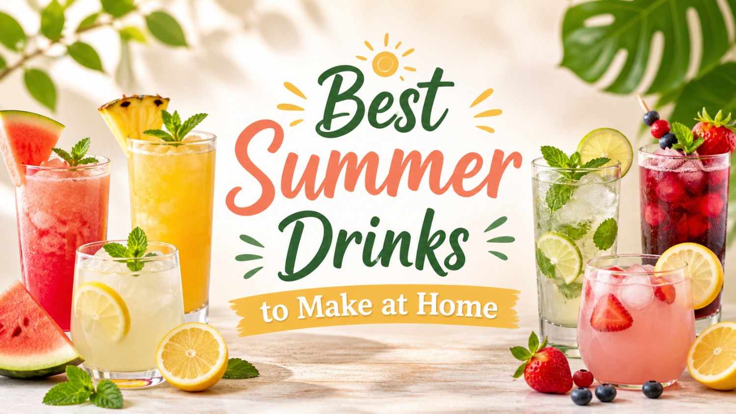 Colorful summer drinks with garnishes